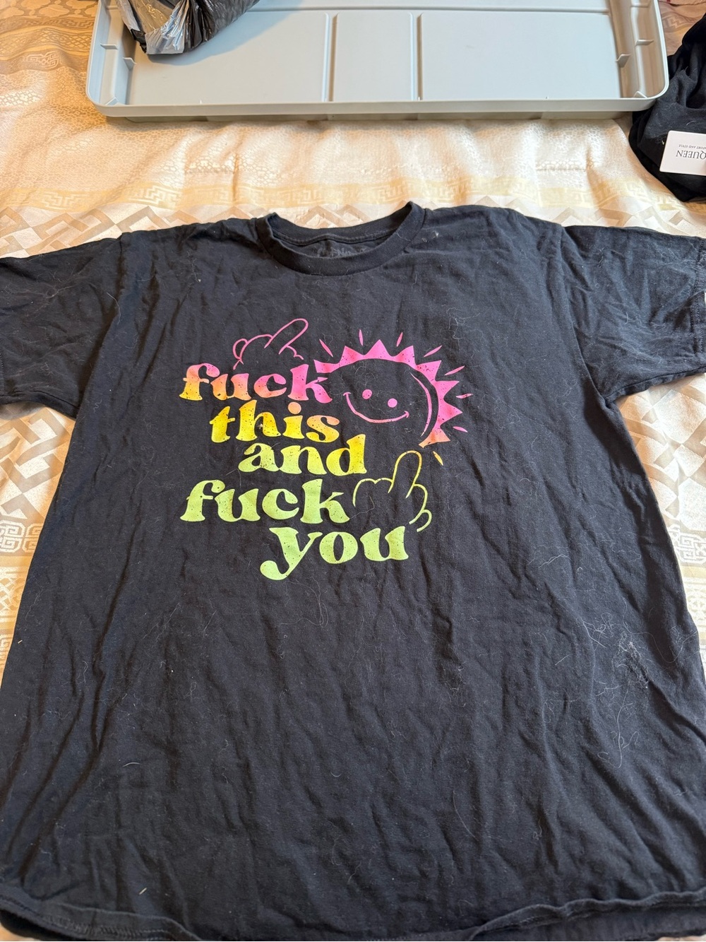 Graphic Black Tee with Neon Rainbow Text